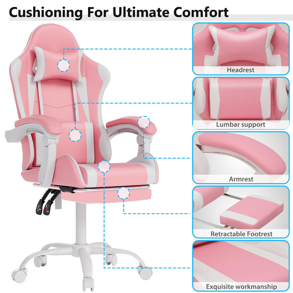 Gaming Chair with Headrest and Footrest, Pink