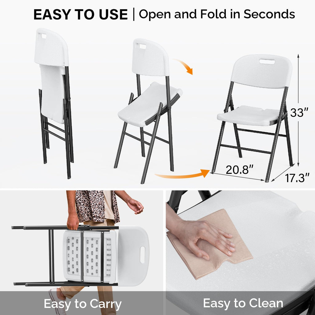 Folding Chairs, Heavy Duty Foldable Chair Portable HDPE Plastic Seat with Steel Frame for Indoor Outdoor Dinning