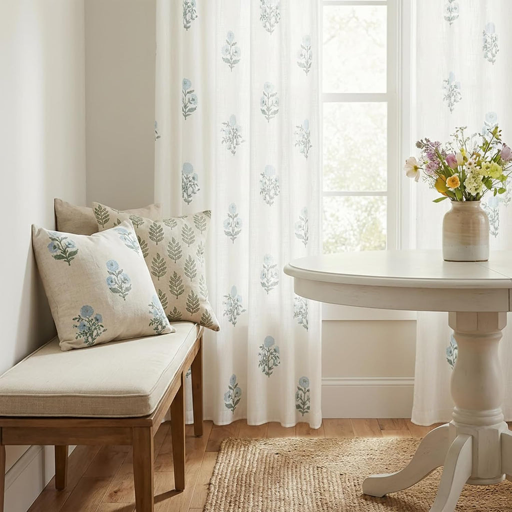 Pinch Pleated Floral Linen Curtains, 108 Inch Floor to Ceiling Pleat Drapes for Track System, 9FT Long Semi Sheer