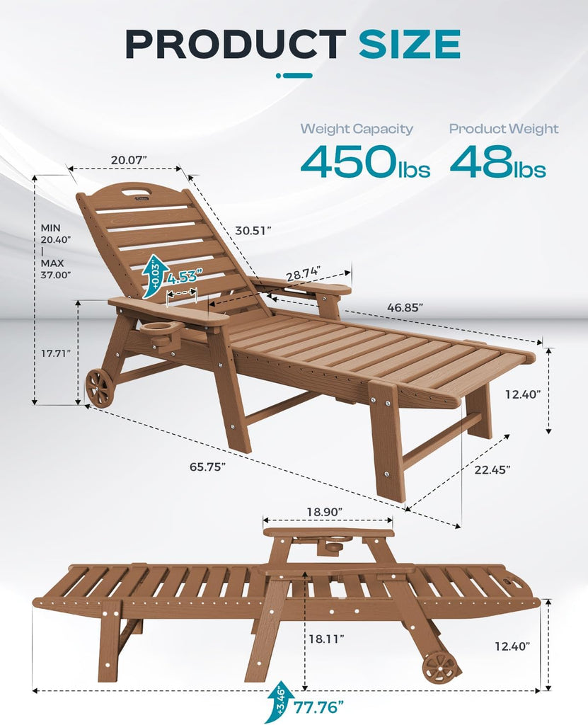 Oversized Outdoor Chaise Lounge Chair, HDPE Patio Chair with Wheels | Oversized outdoor HDPE chaise lounge with