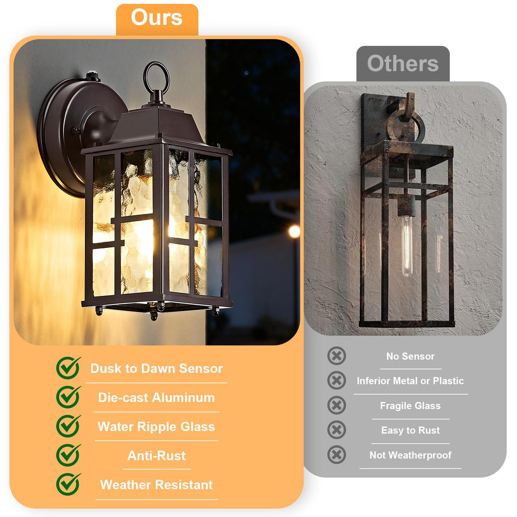 2-Pack Dusk to Dawn Outdoor Wall Lights, Weatherproof Exterior Lighting Fixture Wall Mount, Aluminum Ripple Glass