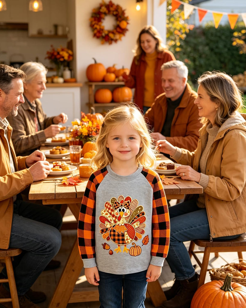 Girl Thanksgiving Shirt Turkey Thankful Orange Plaid Long Sleeve Top