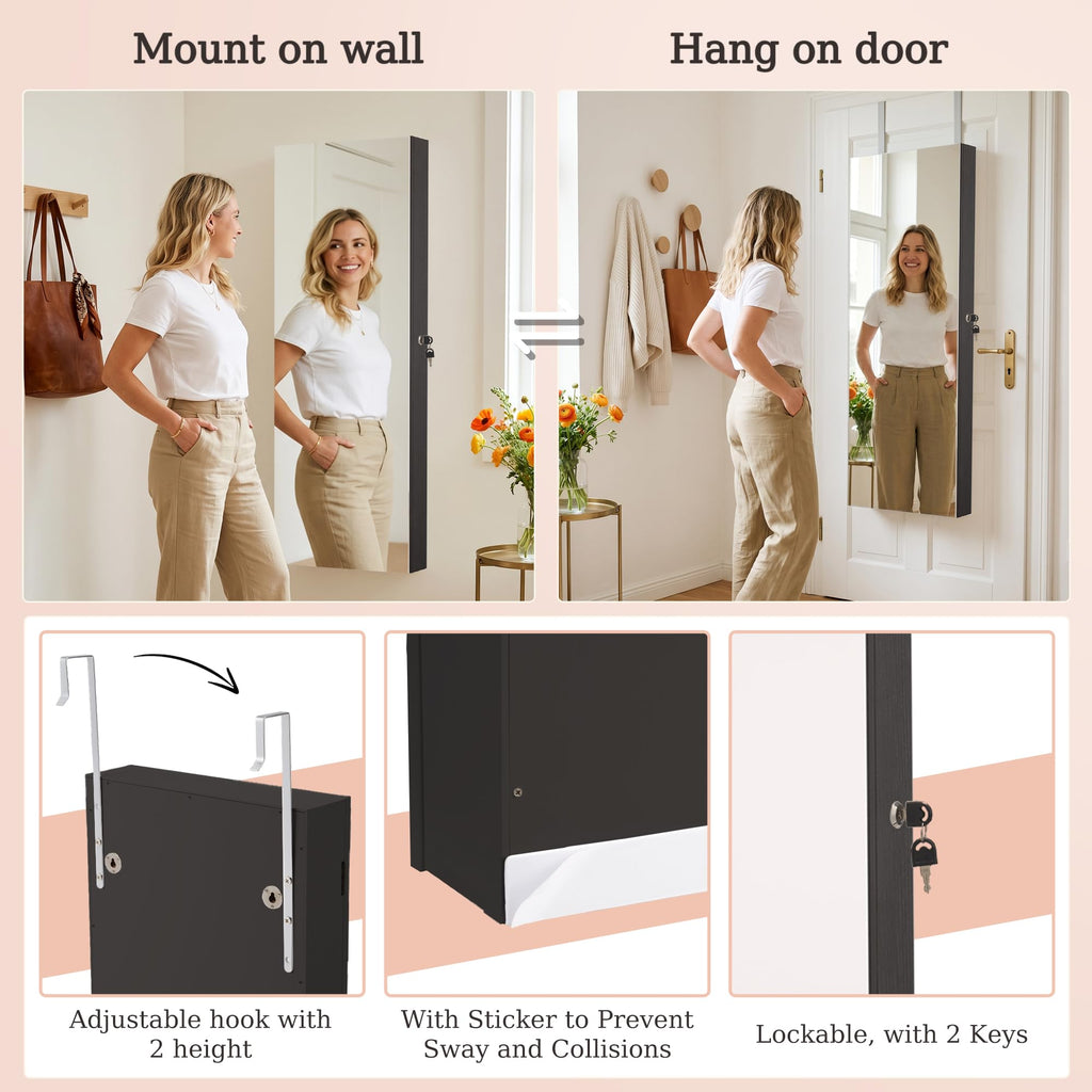 Mirror Jewelry Cabinet, Lockable Wall or Door Mounted Jewelry Armoire Organizer With Built-up Mirror, LED Lights