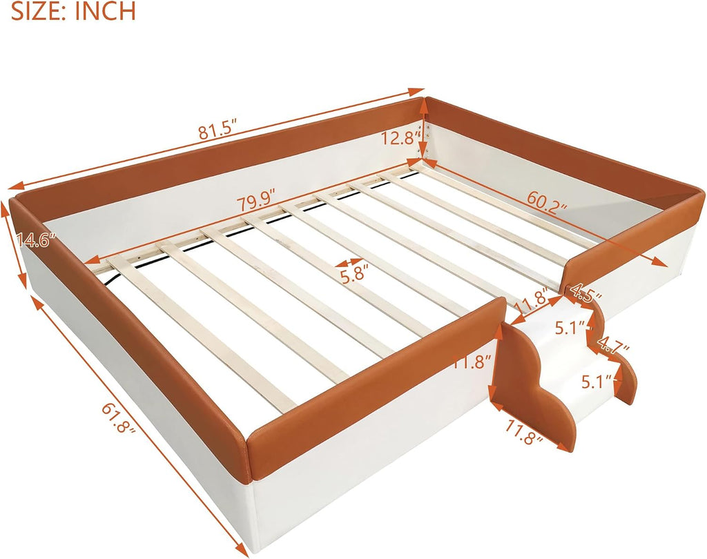 Queen Size Upholstered Kids Daybed Frame with Fence and Stairs, Wood Bed , Floor Bed, White+Brown