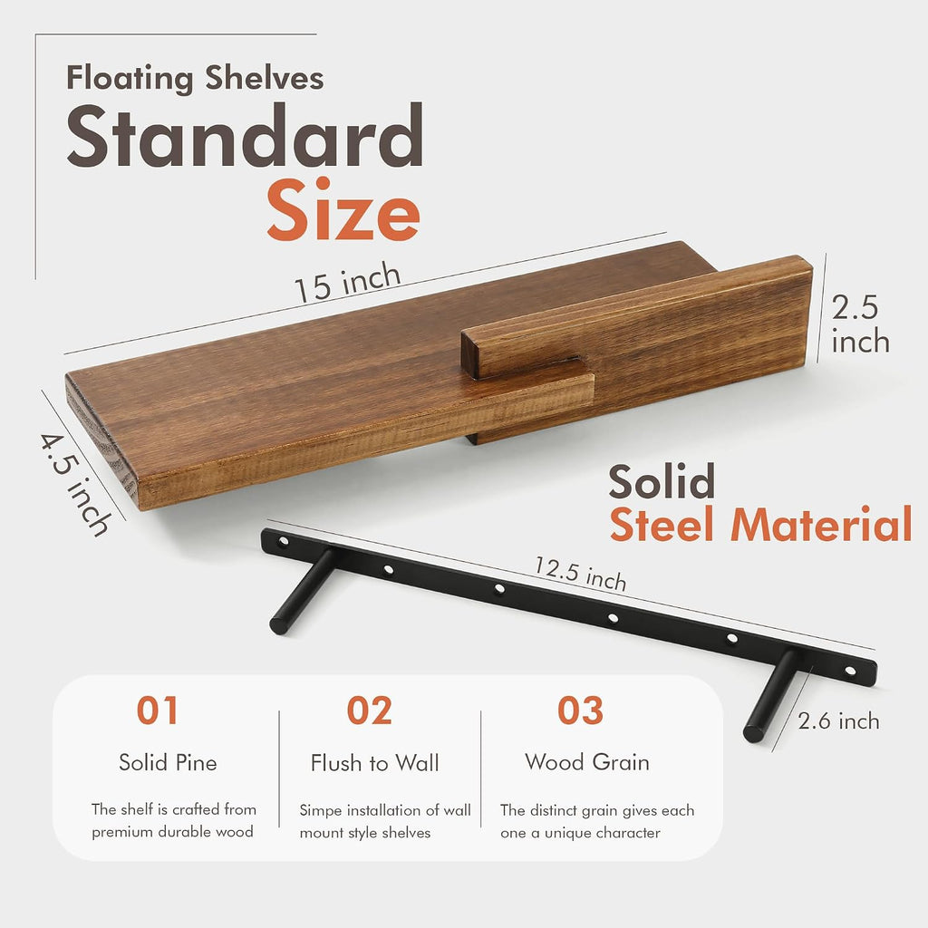 Wood Floating Shelf Set of 2, 4.5D x 15W Inch Modern Reversible Wall Shelves, Minimalism Wall Mount Hardwood Shelves