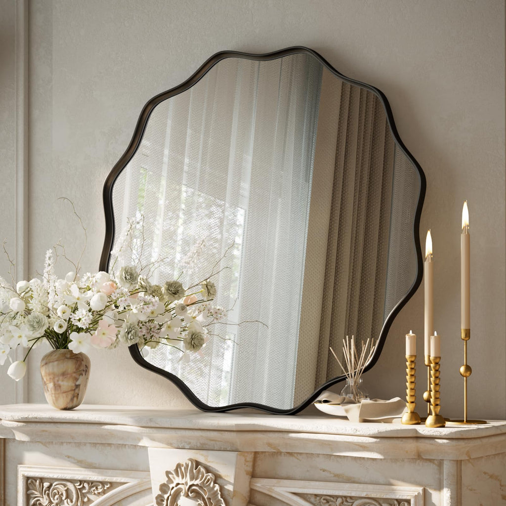 Black Scalloped Circle Mirror, 24" Wavy Edge Round Wall Mirror