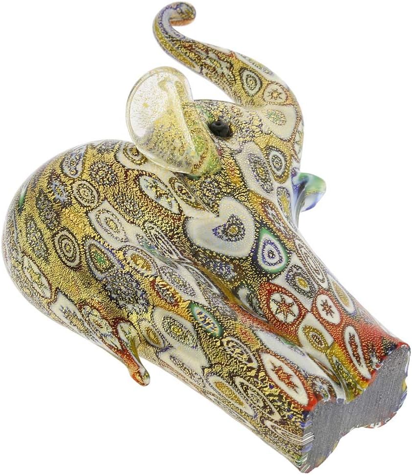 Elephant Collectible Millefiori Figurine Statue 4-1/2" Multicolor. in Italy Statue Blown Glass with 24K Gold Elephant