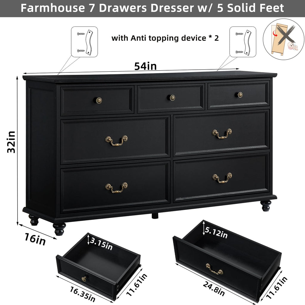 Farmhouse 7 Drawers Dresser, Black 54 Inch Wide Chest of Drawers w/ 4 Wooden Legs, Large Vintage Rustic Closet