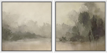 Framed Canvas Print Wall Art Set Mystic River Fog Waterfront Nature Illustrations Modern Art Minimal Relax/Calm