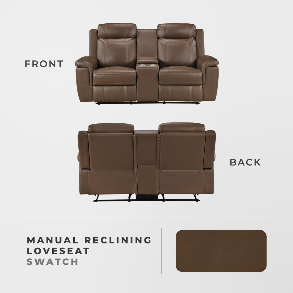 Top Grain Leather Match Manual Double Reclining Loveseat with Storage Console, Wall Hugger, Cup Holders, Power