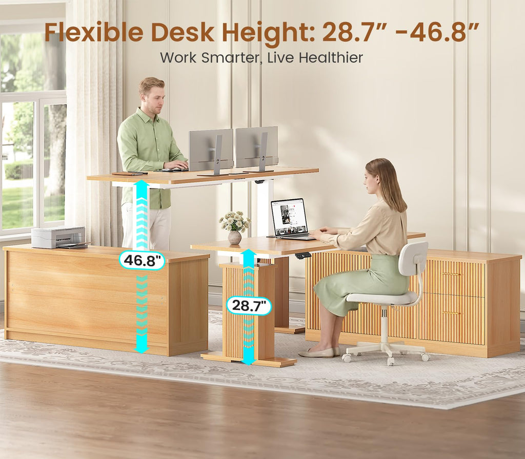 Fluted L Shaped Executive Electric Standing Desk with Drawers