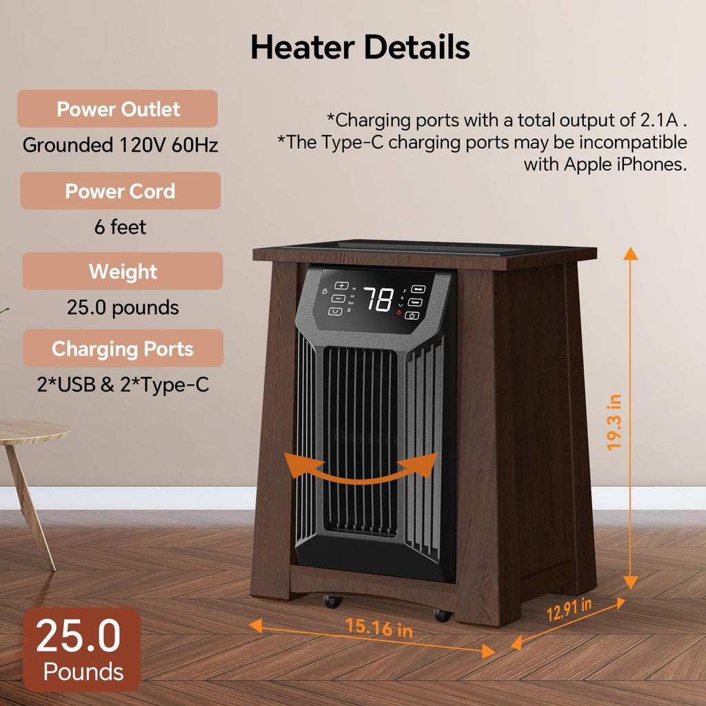 Oscillating Quartz Infrared Heaters for Indoor Use Large Room, 20 Inch, Luxury Insulated Wooden Cabinet, 1500W