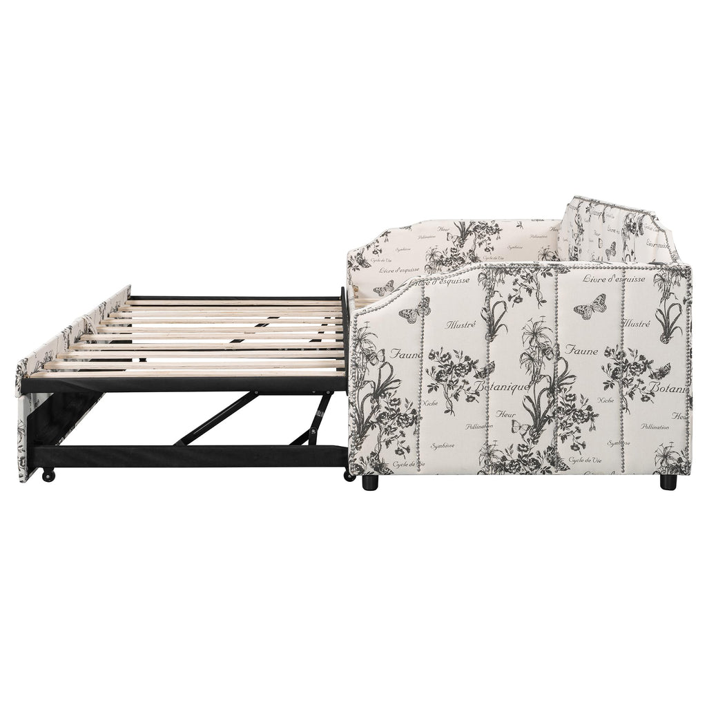 Twin Size Daybed with Trundle, Linen Upholstered Extendable Sofa Bed Frame with USB Ports, Space-Saving Twin to King