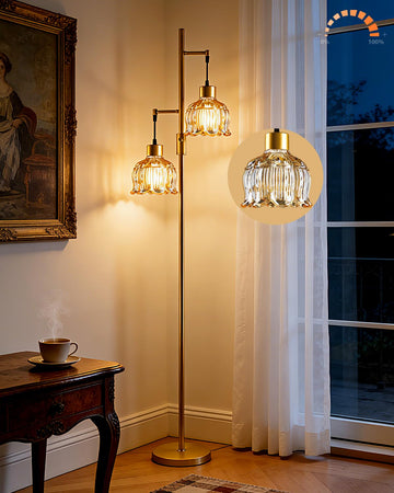 Amber Flower Glass Floor Lamp 2-Light Dimmable Gold Tall Lamps