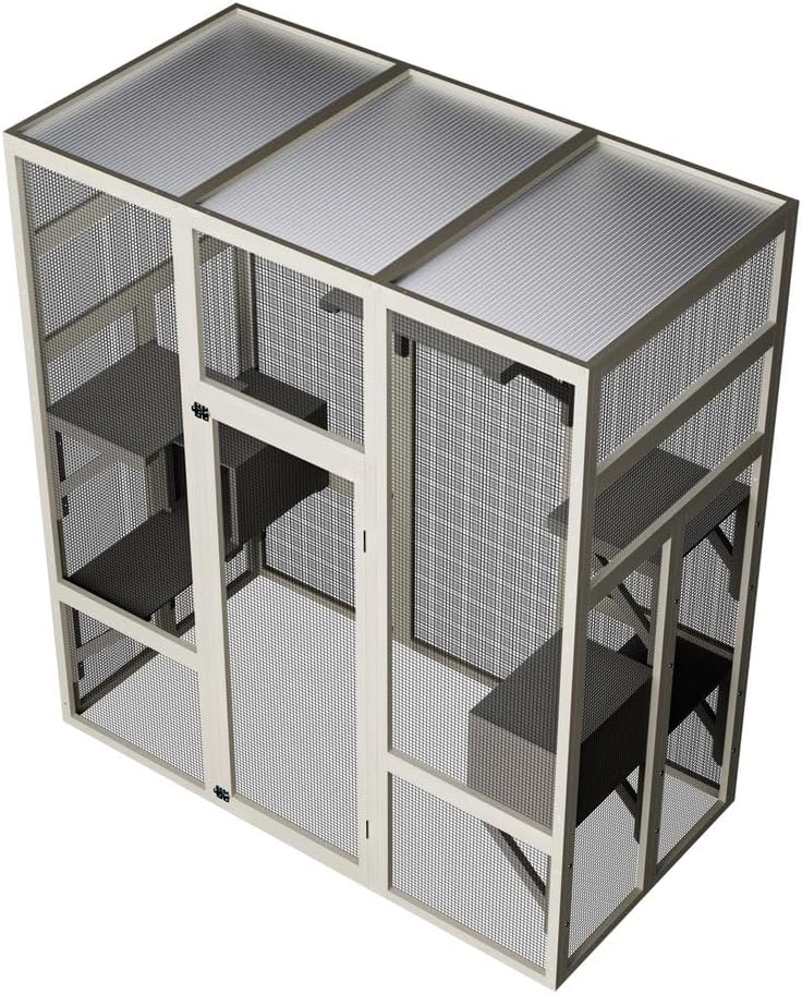 Outdoor Cat House Catio Enclosure 62.6", Wooden Large Cat Cage with Waterproof Roof, Solid Wood Cat Playpen with 7