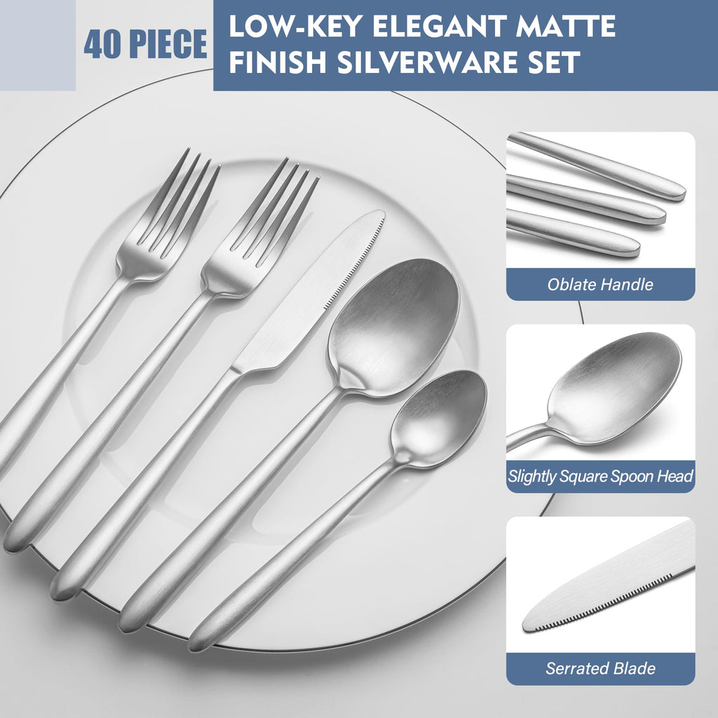 Heavy Duty Silverware Set, 40-Piece Premium Stainless Steel Flatware Sets For 8, Matte Brushed Finish Cutlery