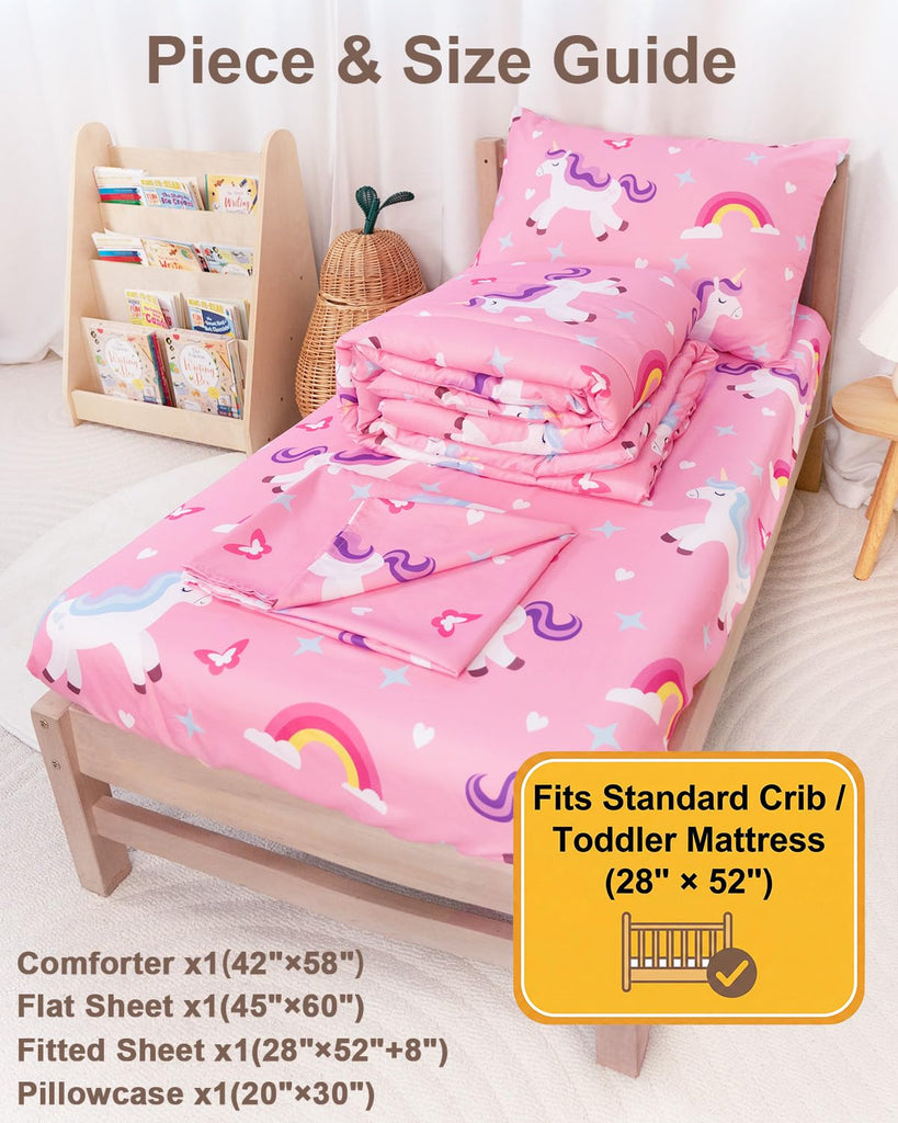 4-Piece Toddler Bedding Set, Toddler Bed Comforter Set for Girls