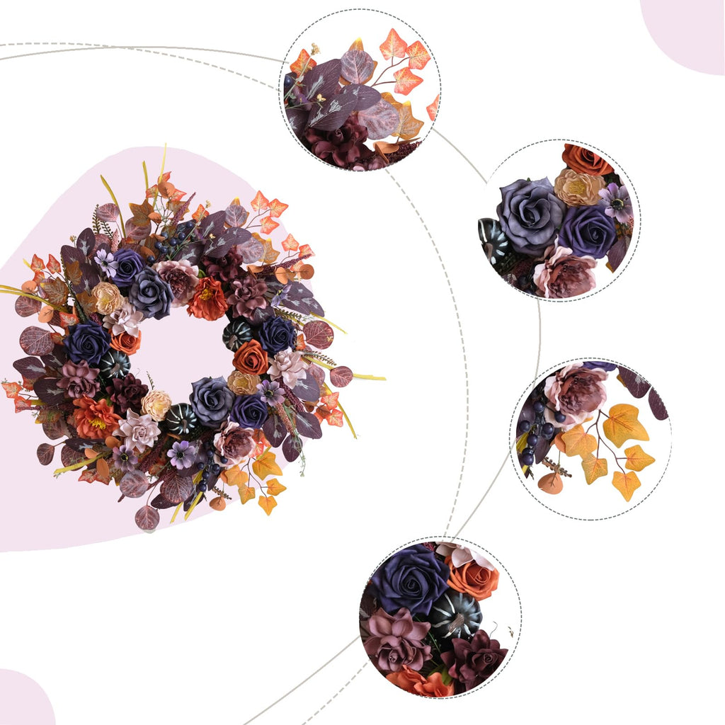 24inch Fall Wreaths for Front Door, Autumn Wreath with Purple Rose Orange Peony Eucalyptus Leaves, Farmhouse Wreaths