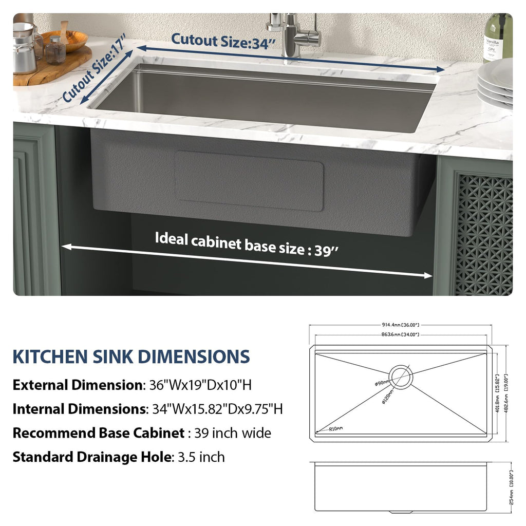 36 Inch Undermount Kitchen Sink Stainless Steel 16 Gauge Workstation Single Bowl Handmade Kitchen Sinks Basin Under