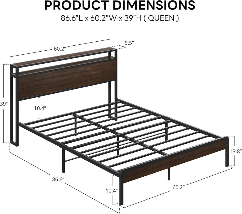 Queen Bed Frame with Headboard, Dark Wood Camas Queen with Strong Supports, Sturdy, Noise-Free, No Box Spring Needed