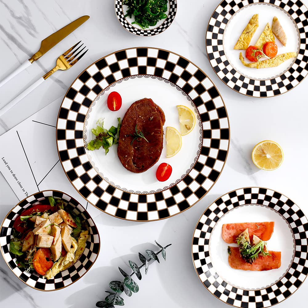 Checker Pattern 20-piece Round Dinnerware Set for 4, Porcelain Dinner Sets