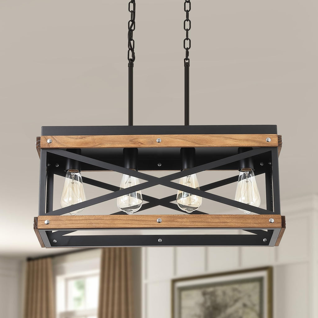 Rustic Farmhouse Wood Kitchen Island Lighting, 4 Lights Rectangular Pendant Light Fixture, Adjustable Chain Oak Wood