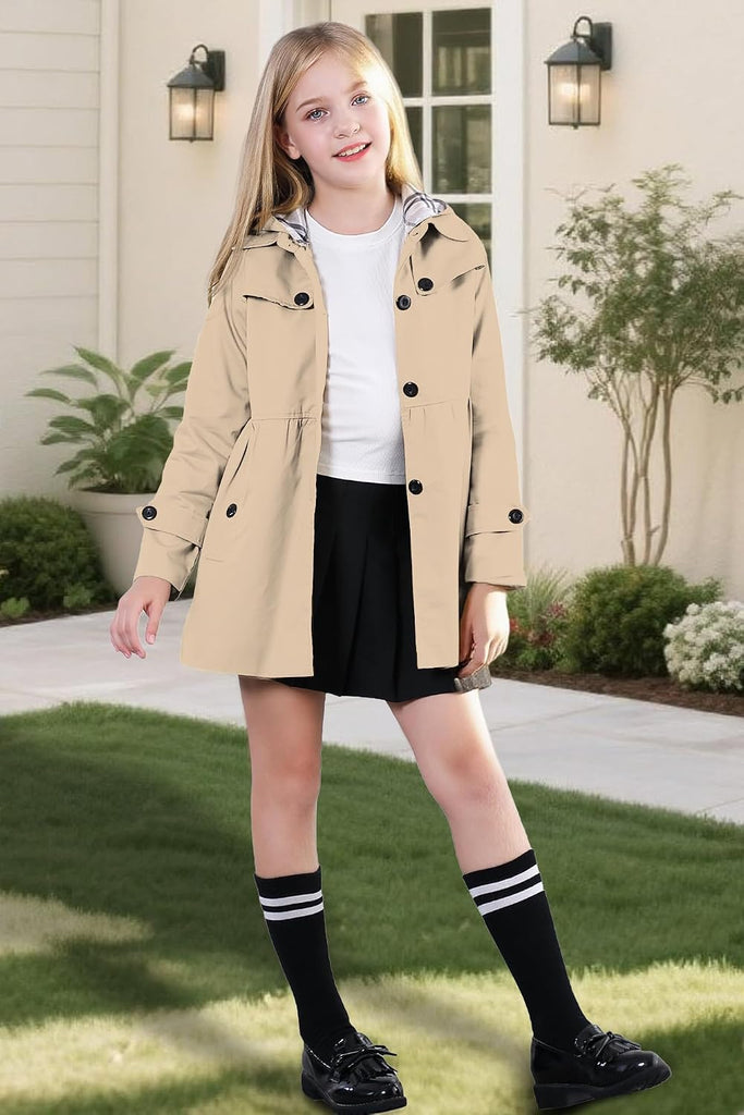 Girl's Single Breasted Trench Coat Hooded Dress Coat Outerwear