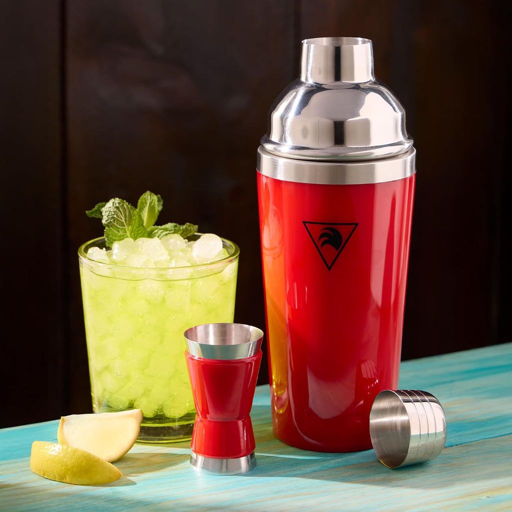 Cocktail Shaker Set 17oz - Red Stainless Steel Cobbler Shaker with Jigger, Leak-Proof & Non-Slip Base - Premium Bar