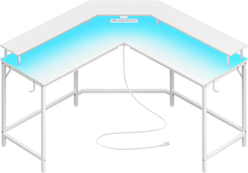 L Shaped Gaming Desk with Power Outlets & LED Lights, Computer Desk with Monitor Shelves, Carbon Fiber Surface, Home