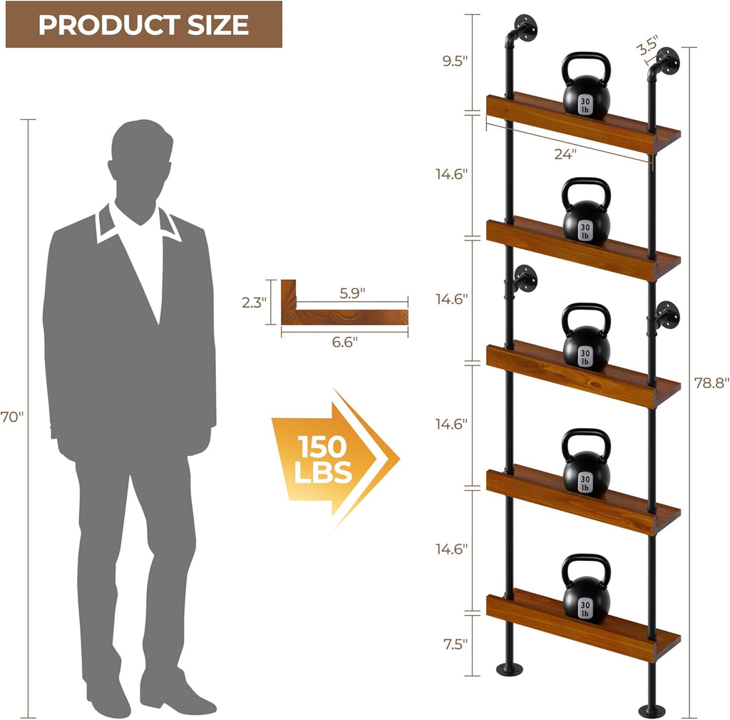 Industrial Bar Shelves, Wine Rack Wall Mounted, Walnut, 24 Inch | solid pinewood, industrial iron pipe, 5 tier, 30