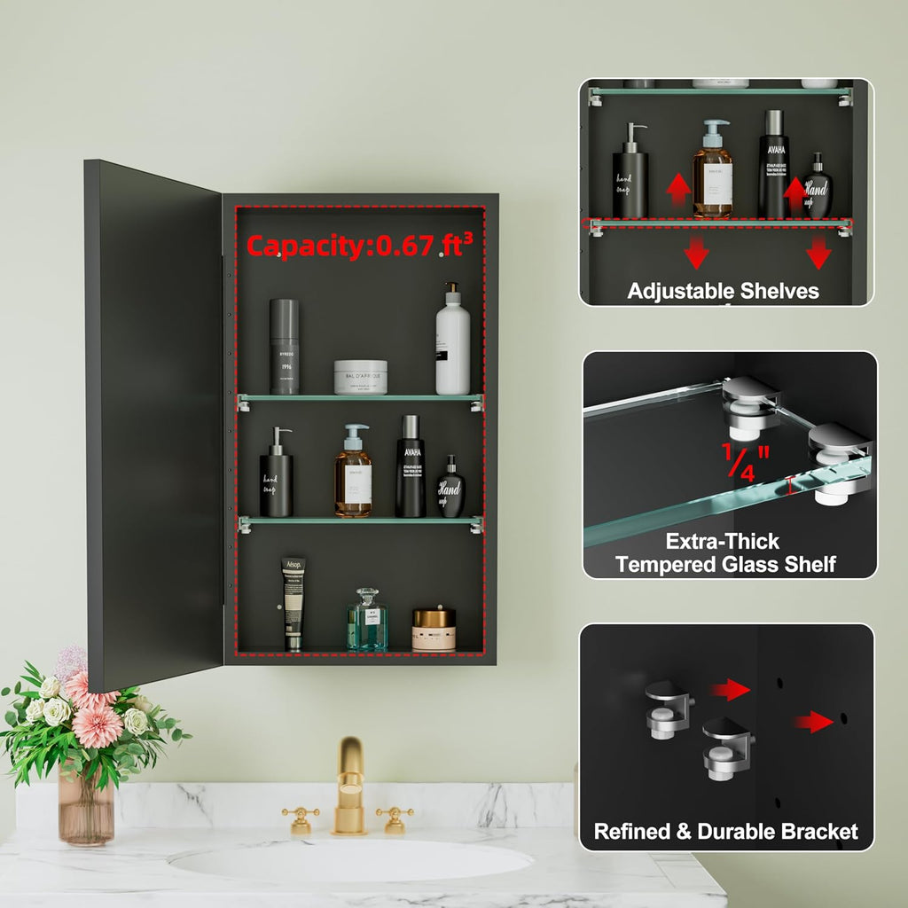 14 x 24 Inch Framed Medicine Cabinet Mirror , Black | Recessed or Wall Mount, Fits 13-3/8 x 22-13/16 Inch Rough