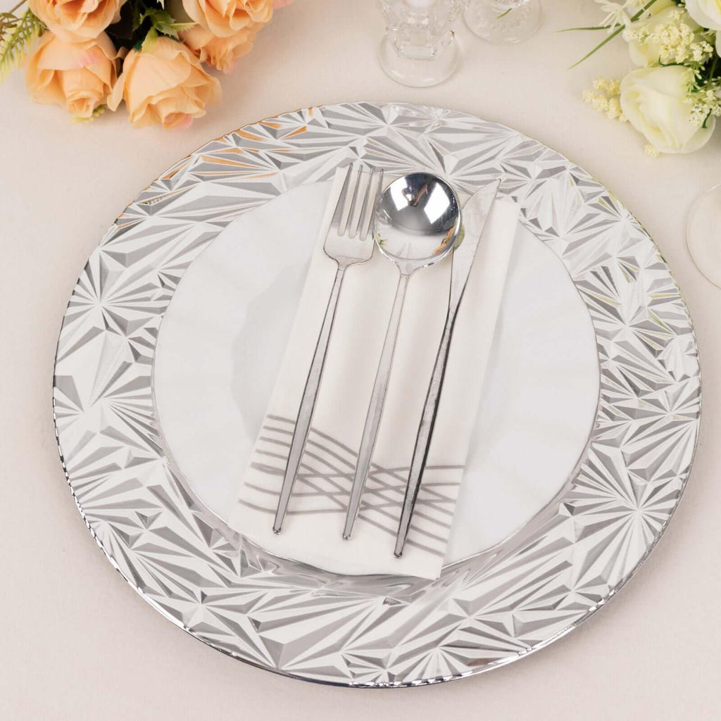 12-Pack Acrylic Charger Plates, Round 13" Metallic Silver Rock Cut Design with Beaded Rim - Decorative Dinner Serving