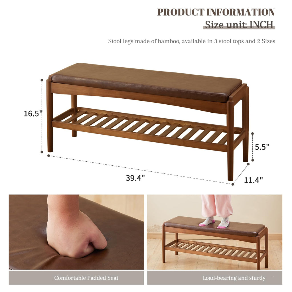 Shoe Rack Bench Entryway Bamboo Shoe Storage Bench with Leather Cushion 2 Tiers Shoe Rack Entryway Bench (Walnut