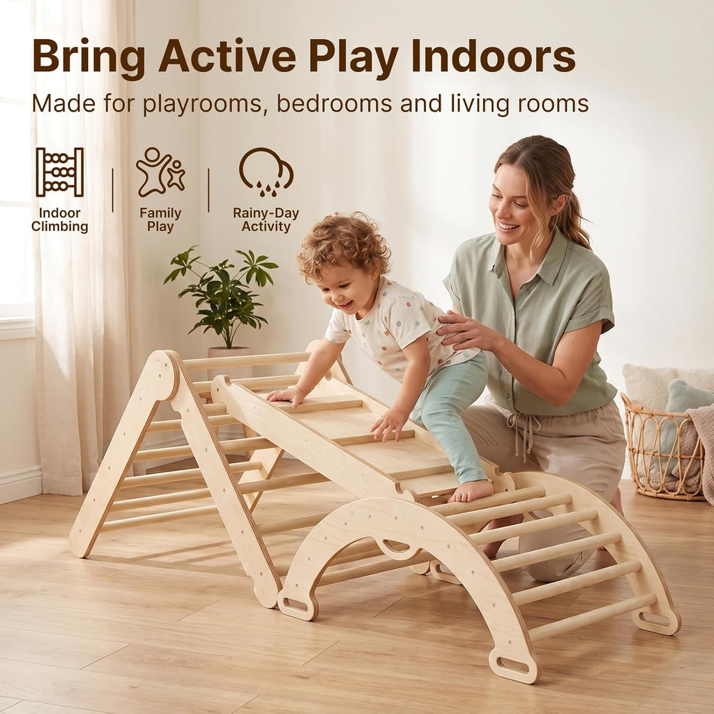 Pikler Triangle Set, Wooden Montessori Climbing Toys for 1-3 Year Old, Foldable in-1 Toddler Baby Indoor Play Gym
