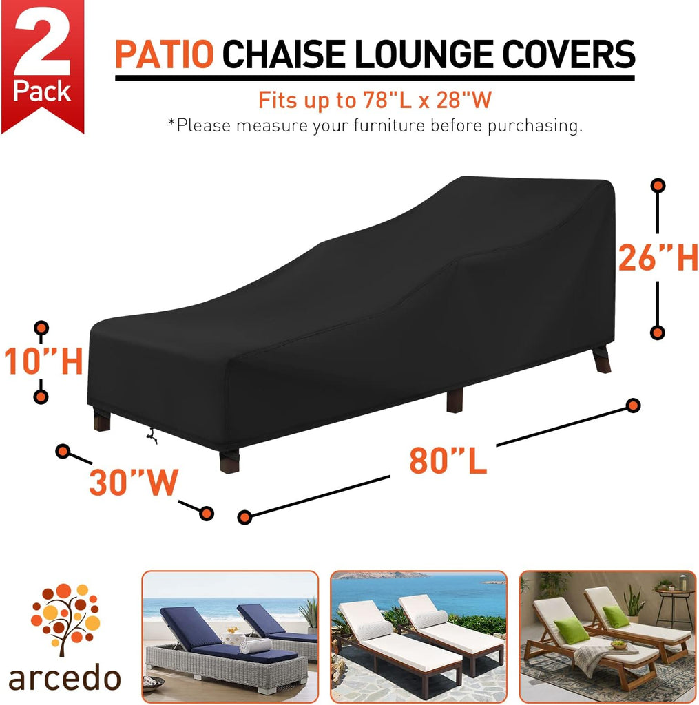 Patio Chaise Lounge Cover Waterproof 2 Pack, 80" x 30" x 26" H,Black | Lounge Chair Covers for Outdoor Pool Lounger