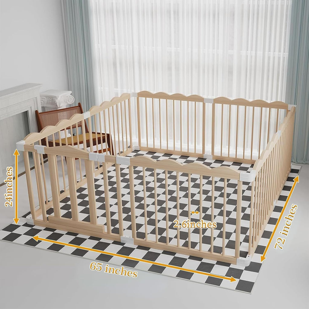 Wooden Baby Playpen 65x72x24In Adjustable Play Yard with Lock Gate | Easy to Assemble, Large Portable Play Pen for