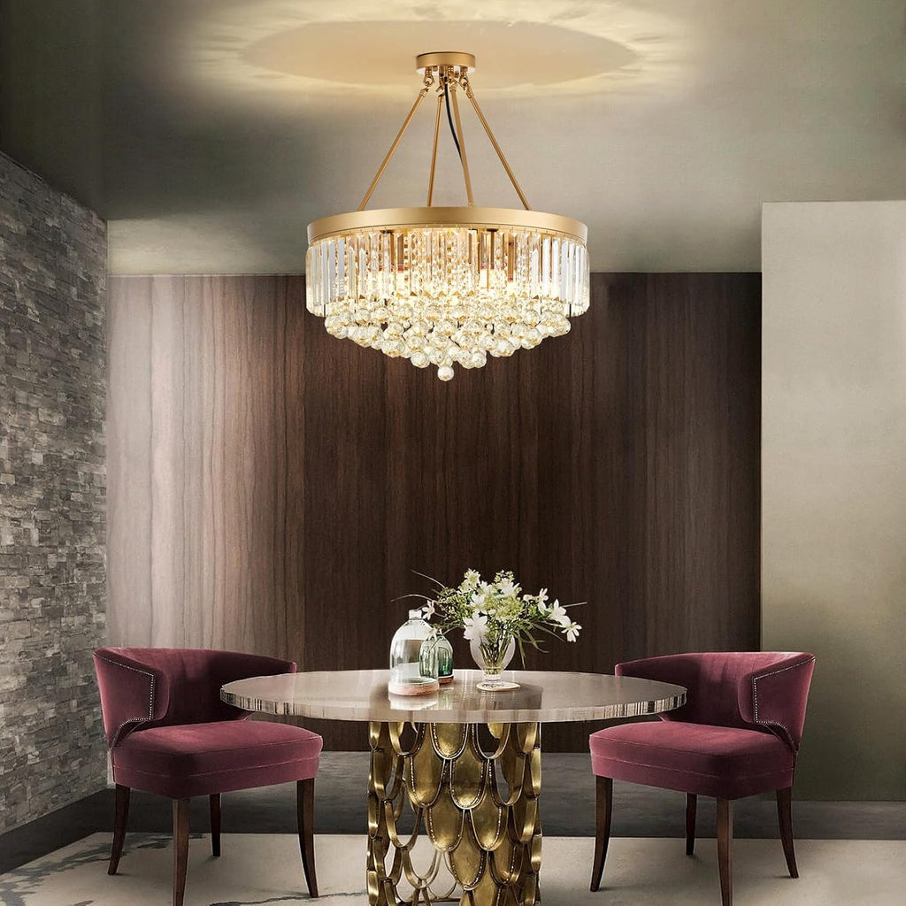 9-Light Gold Crystal Chandelier Contemporary 22'' Modern Semi Flush Mount Crystal Hanging Light Sparkling Decoration