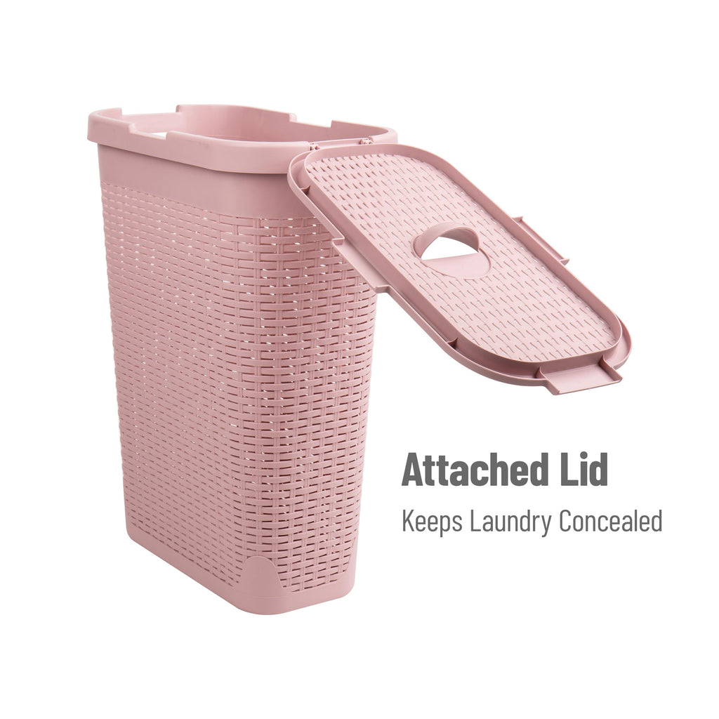 Slim Laundry Hamper with Lid, 40L Clothes Basket, Narrow Tapered Design with Ventilated Cutout Pattern, Plastic, Pink