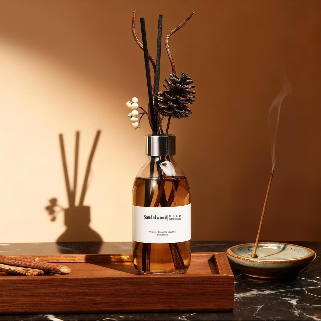 Reed Diffuser Set, 6.7 oz Sandalwood Scented Diffuser with Sticks, Home Fragrance Reed Diffuser Shelf Decor