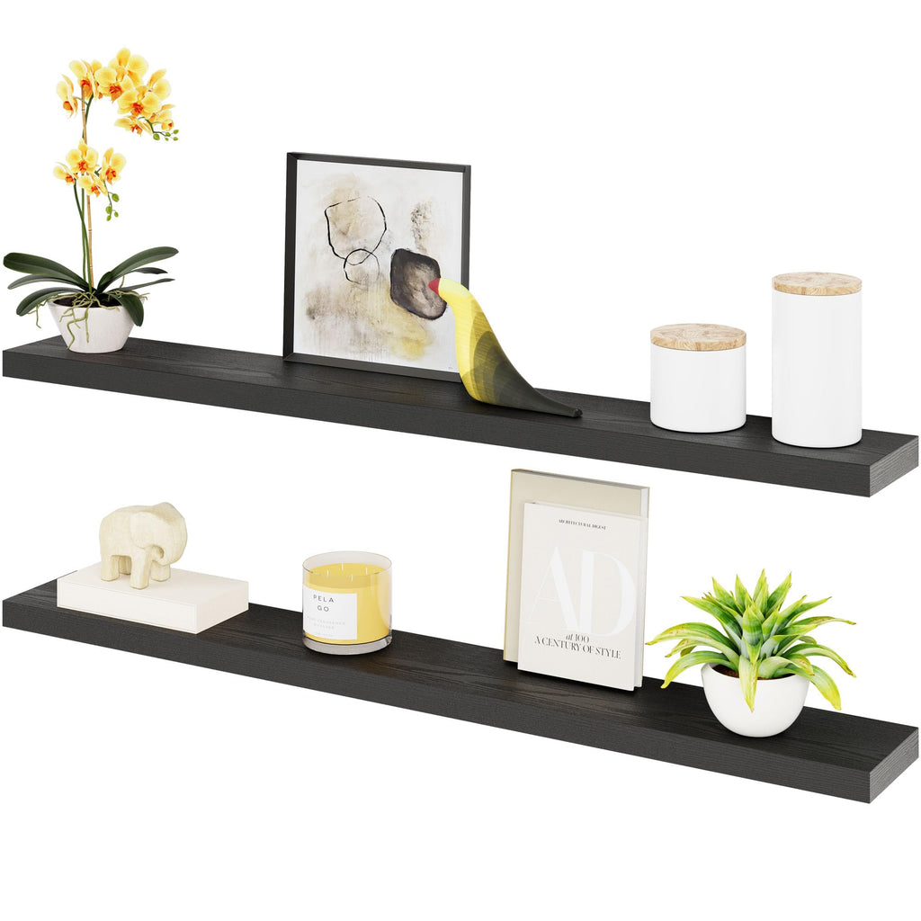 Floating Shelves for Wall, 55 inch 2-Tier Black Shelf, Invisible Brackets, Wood Wall Shelf Organizer, Clearing Clutter