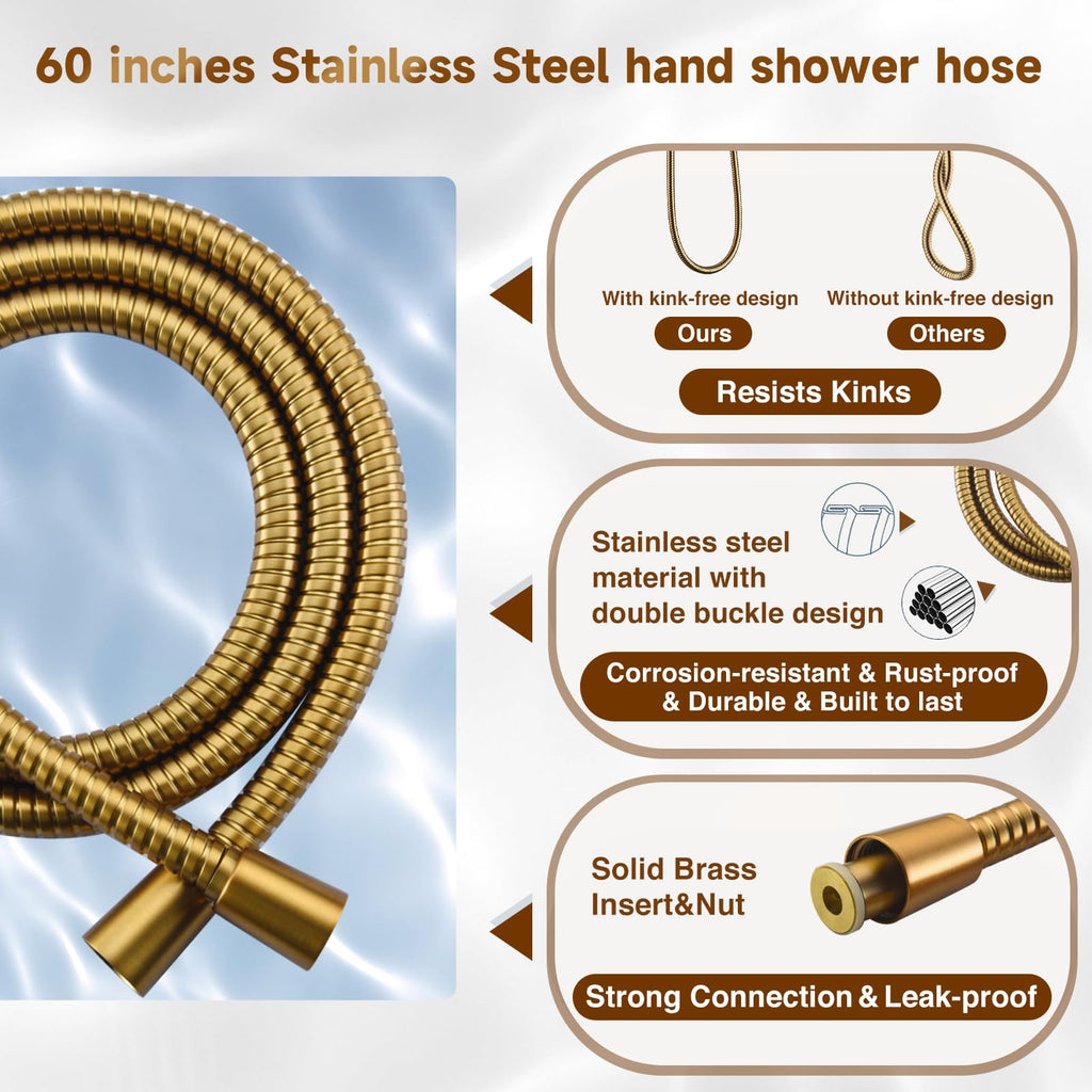 Dual Shower Head with Handheld, High Pressure Rainfall Shower Head Combo, 60-Inch Stainless Steel Hose, Brushed Gold
