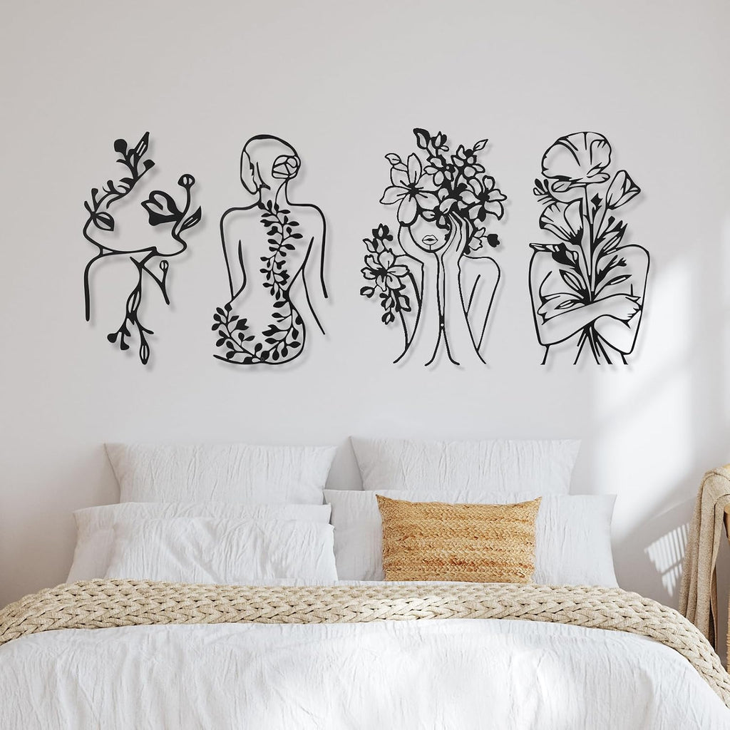 Metal Wall Art Decor Minimalist Abstract Woman Single Line Drawing Wall Art Female Home Decor Hanging Art Print - Set of 4
