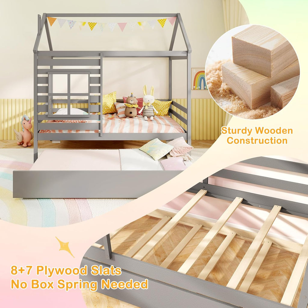 Tw Bed with Trundle Bed, Wooden Twin Bed Frames with Roof, Chimney & Window, Montessori House Bed with Safety