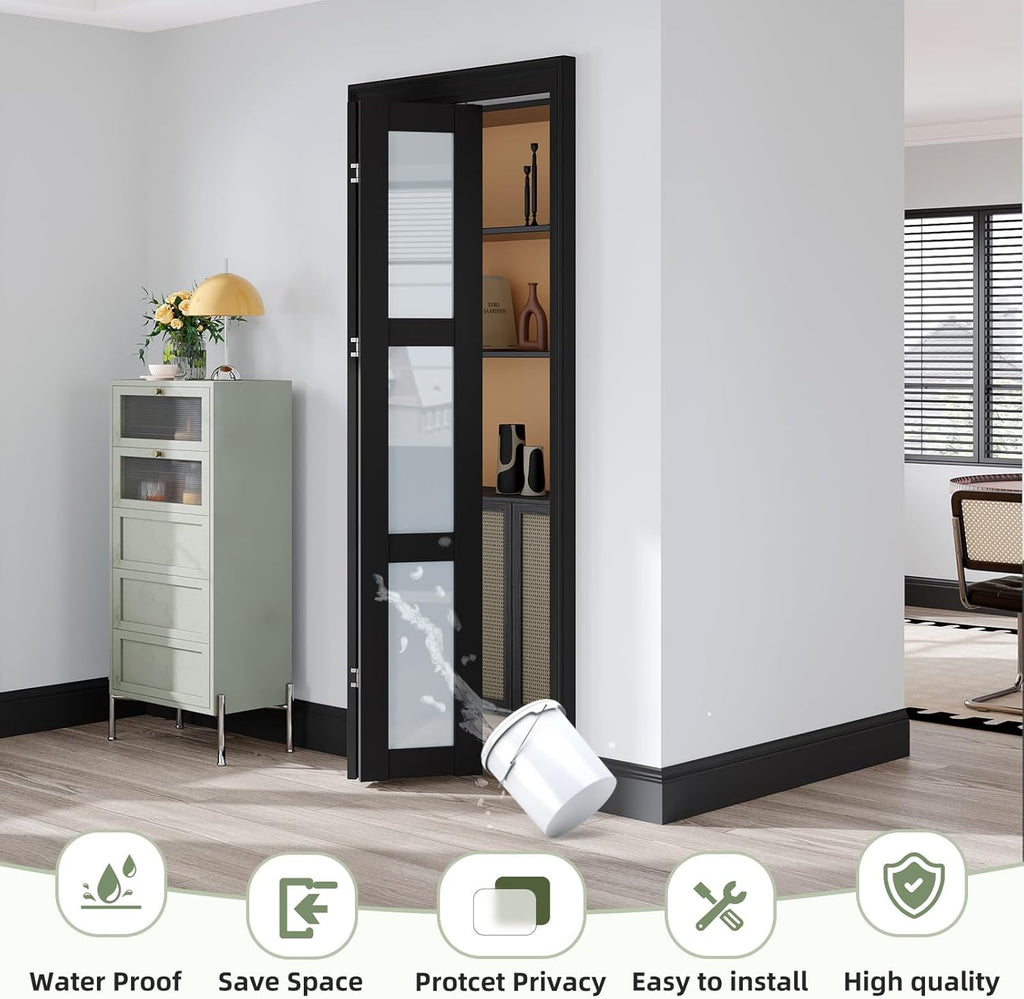 Bifold Closet Doors,Folding Door for 30" x 80" Opening,3-Lite Tempered Frosted Glass,Black Interior 