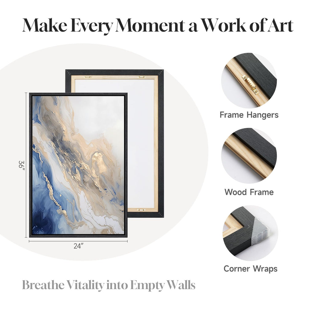 Large Framed Abstract Blue and Gold Wall Art, 24x36 Inch