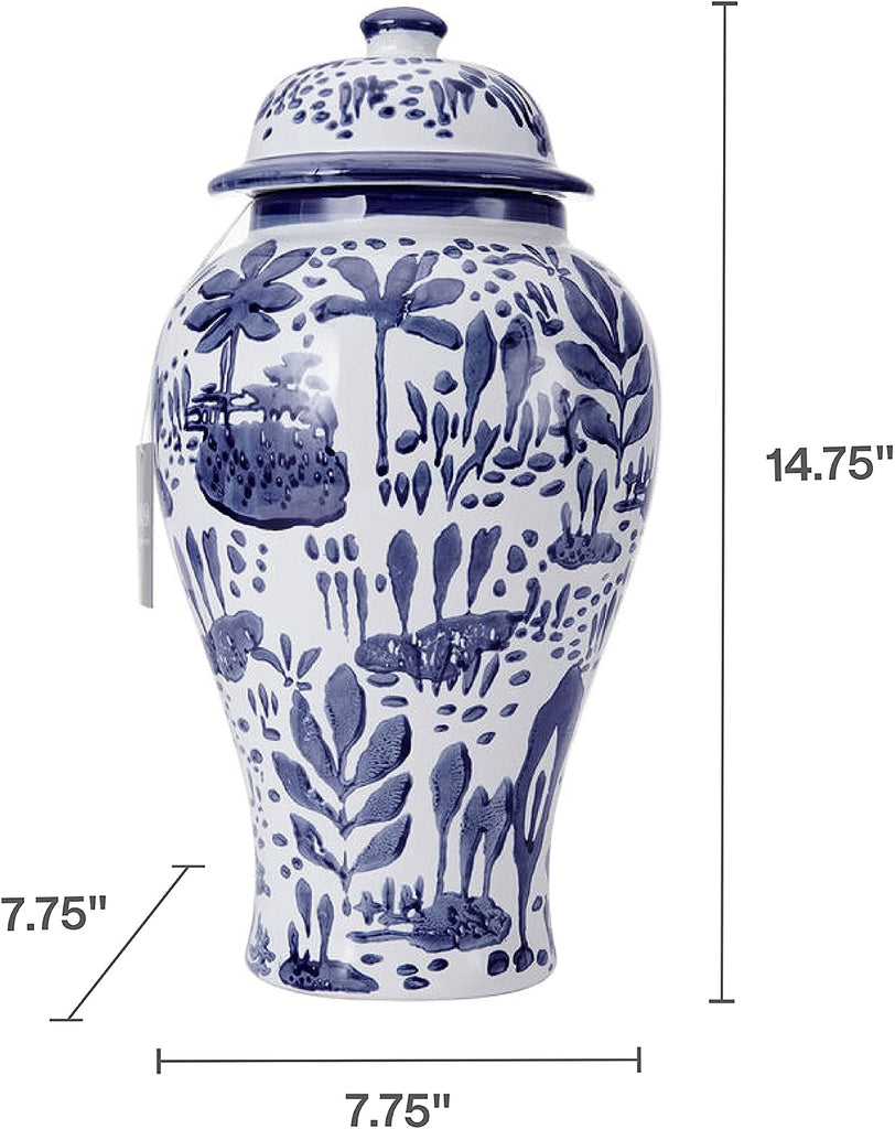 Blue and White Landscape Round Ceramic Ginger Jar, Store Small Household Items or Display Faux Florals