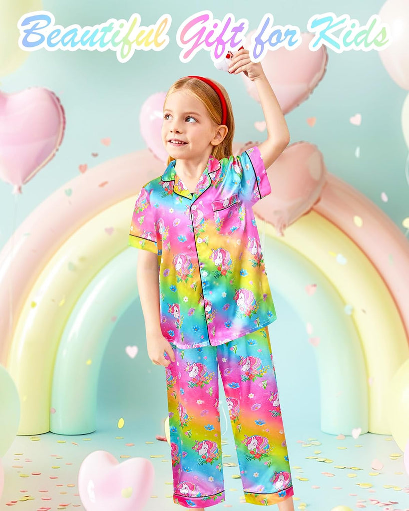 Girls Satin Pajamas Silk PJS Set Rainbow Unicorn Sleepwear Short Sleeve Long Pants Jammies for Toddler Kids