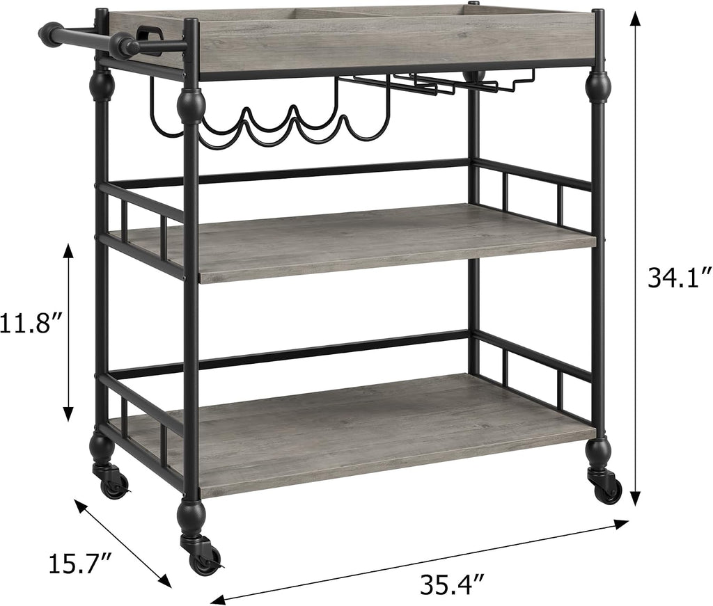 Bar Cart with Wheels, 3-Tier Serving Cart , Mobile Rolling Beverage Cart with Wine Rack and Removable Tray , Dining