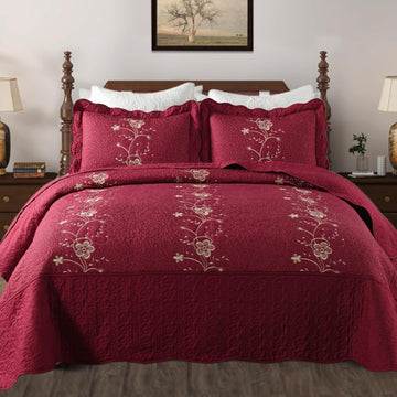 3 Piece Lightweight Bedspread Quilt Set Microfiber Quilt Embroidered Bedspreads Bed Coverlet Set, Lapaz (Burgundy