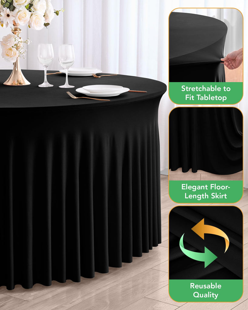 Elastic Round Tablecloths 60 inch with Floor-Length Skirts, Black, 6 Pack